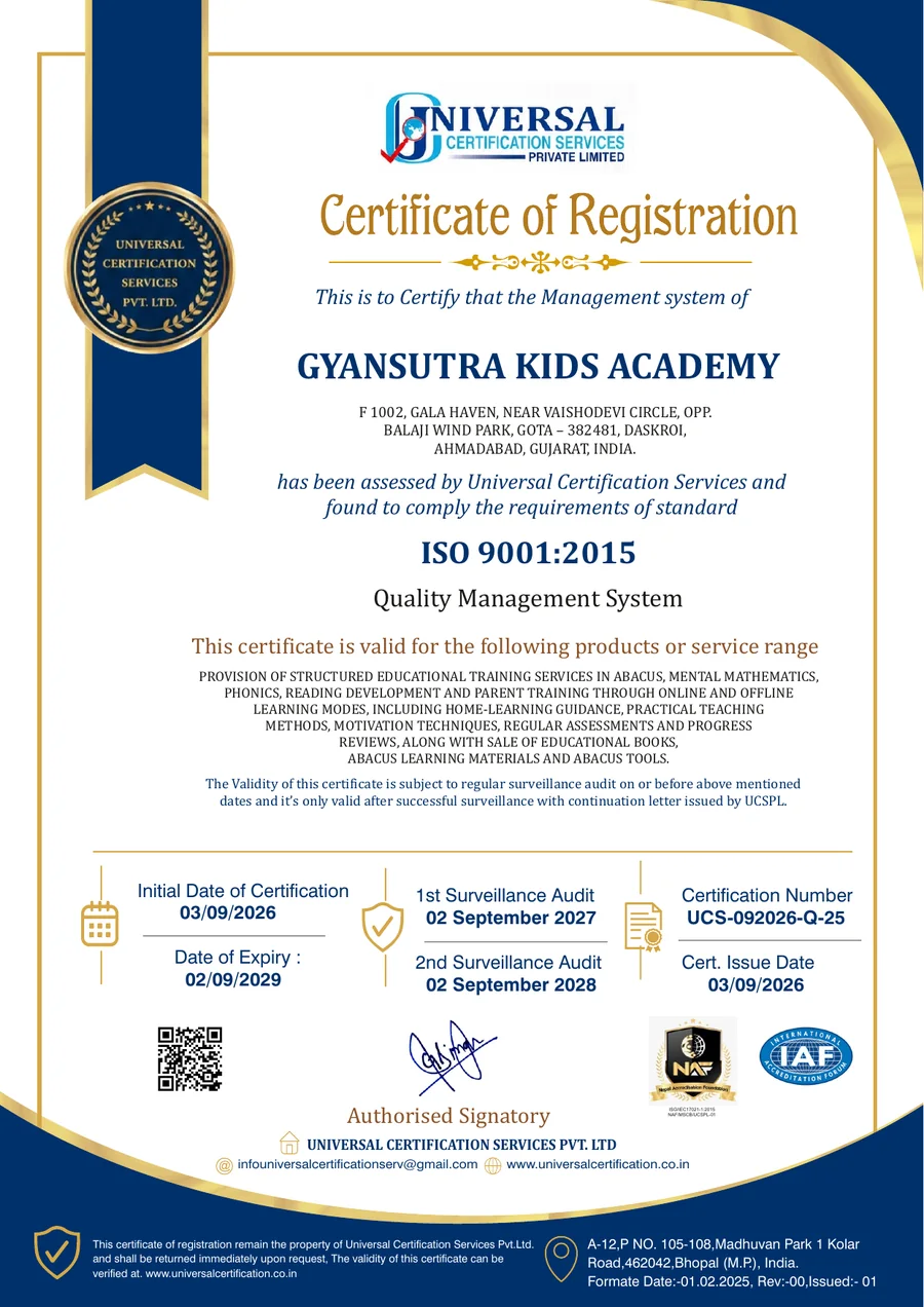 Gyan Sutra Kids Academy ISO 9001:2015 certificate, number UCS-092026-Q-25